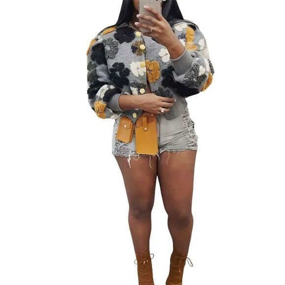 Unbranded Jackets & Blazers - Trendy Floral Print Cropped Bomber Jacket Gray XL Fall Party Textured